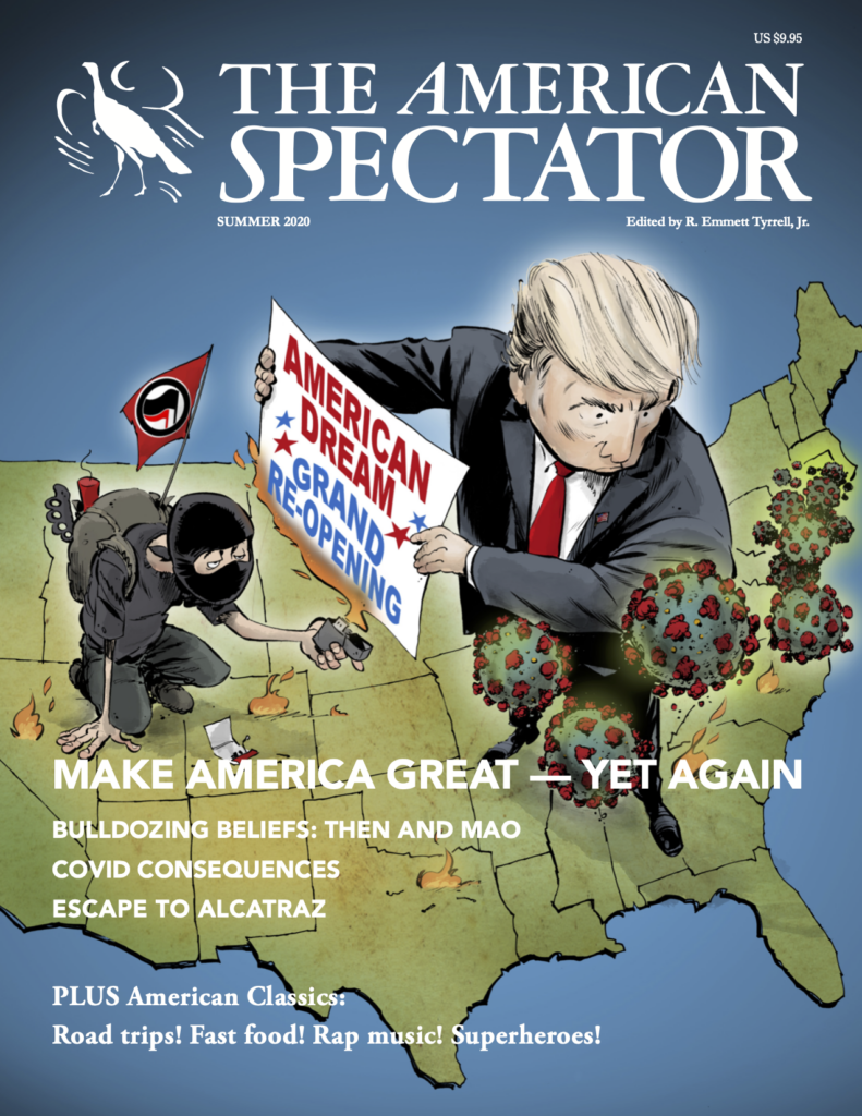 a magazine cover with a cartoon of a man holding a sign