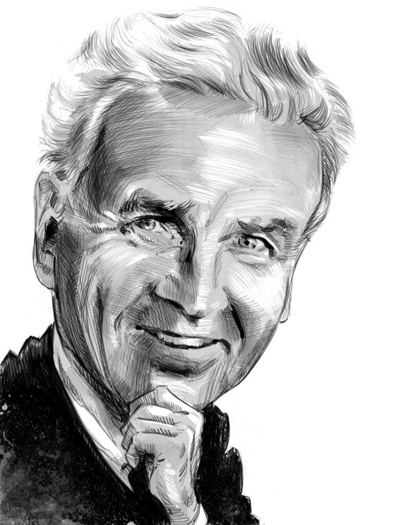 a drawing of a man with his hand on his chin